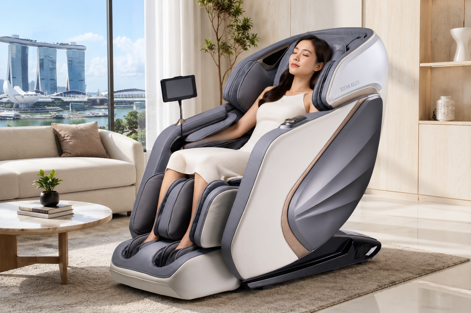 The epitome of OTO Wellness product, features a office lady enjoying a massage on OTO Titan Elite Massage Chair.